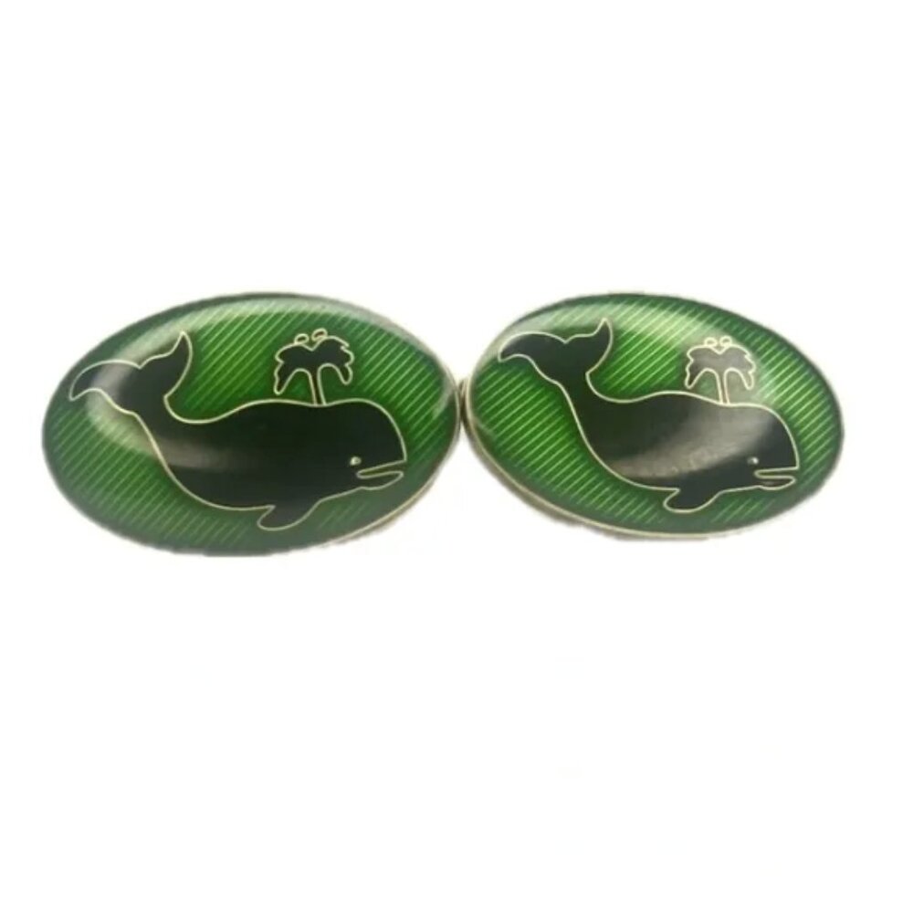 Vintage Brooks Brothers  Sterling Silver Green Enamel Whale Spouting Cufflinks